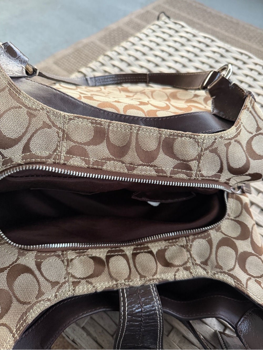 Coach Khaki and Chalk Signature Canvas Satchel with Brown Leather Trim - Picture 4 of 5